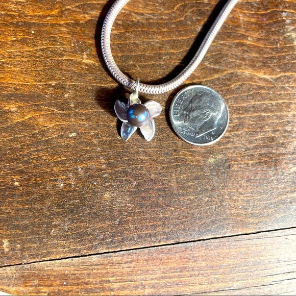 Tahitian Black Pearl and 925  Plumeria Pendant on a .925 Snake chain - Picture 8 of 10